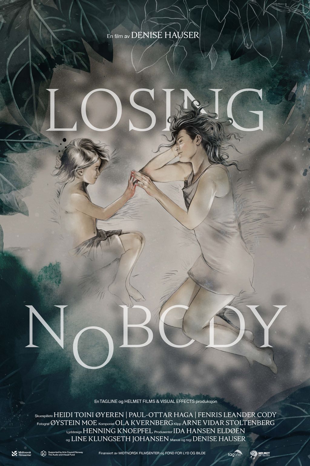 Filmplakat med en illustrasjon som viser en kvinne med et barn i ei seng. De ligger på siden og holder ei hånd mot hverandre. Filmtittelen Losing nobody står øverst. Plakat.
