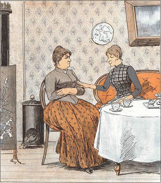 To kvinner konverserer i ei borgerlig stove. Illustrasjon.