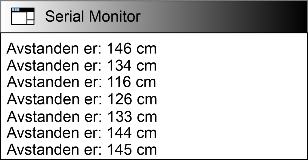 Skjermbilde av verdier som har blitt lest av en avstandsmåler. Det er oppgitt sju ulike avstander fra 116 til 153 cm.