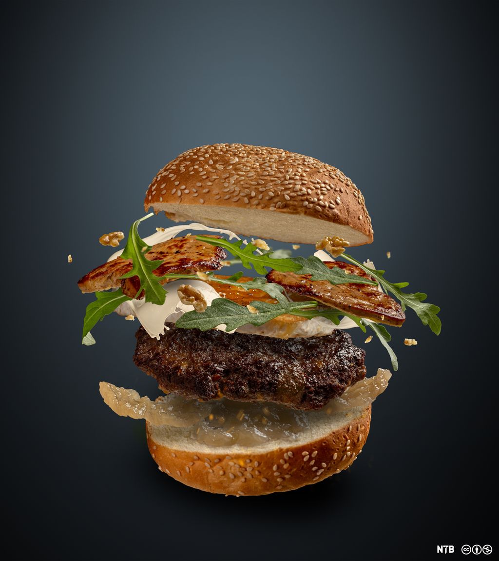 A hamburger in free fall, showing all its ingredients and the different layers. Photo. 