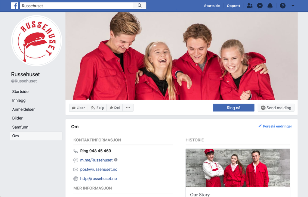 Russehuset sin bedriftsside på Facebook. Bannerbildet viser fire smilende unge voksne i røde russedresser. Skjermdump. 