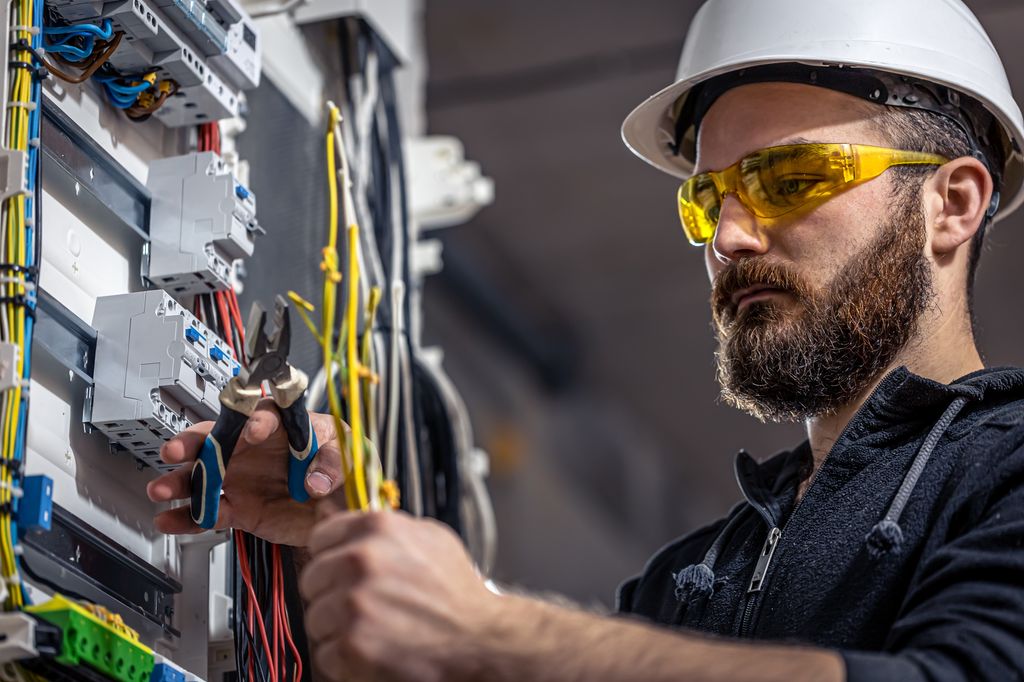 En elektriker med hjelm og vernebriller jobber med tang og kabler på et sikringsskap. Foto.