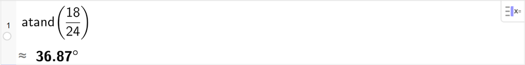 På linje 1 i CAS-vinduet i GeoGebra er det skrevet atand parentes 18 delt på 24 parentes slutt. Svaret med tilnærming er 36,87 grader. Skjermutklipp.