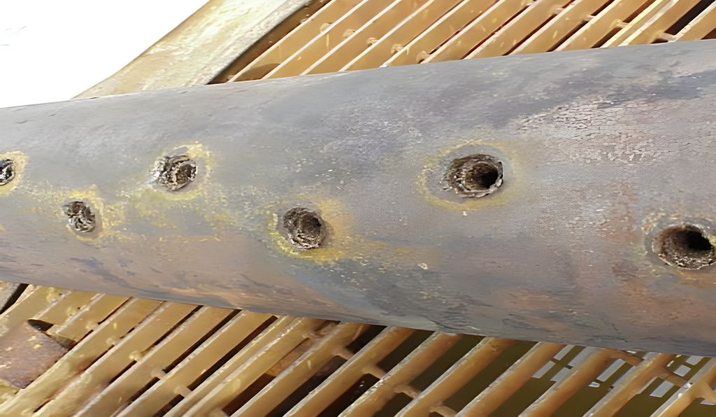 Rør med mange små hull i sikksakkmønster langs siden. Det brukes til å perforere en brønn. Foto.