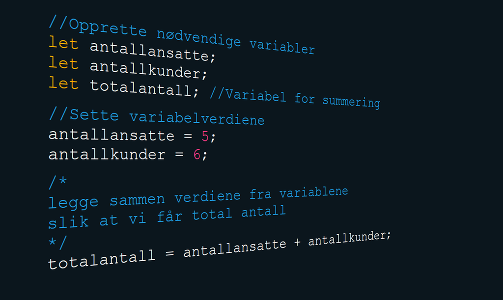 En del linjer JavaScript-kode. Teksten har forskjellig farge avhengig av om det er en del av programmet eller for eksempel kommentarer. Illustrasjon.