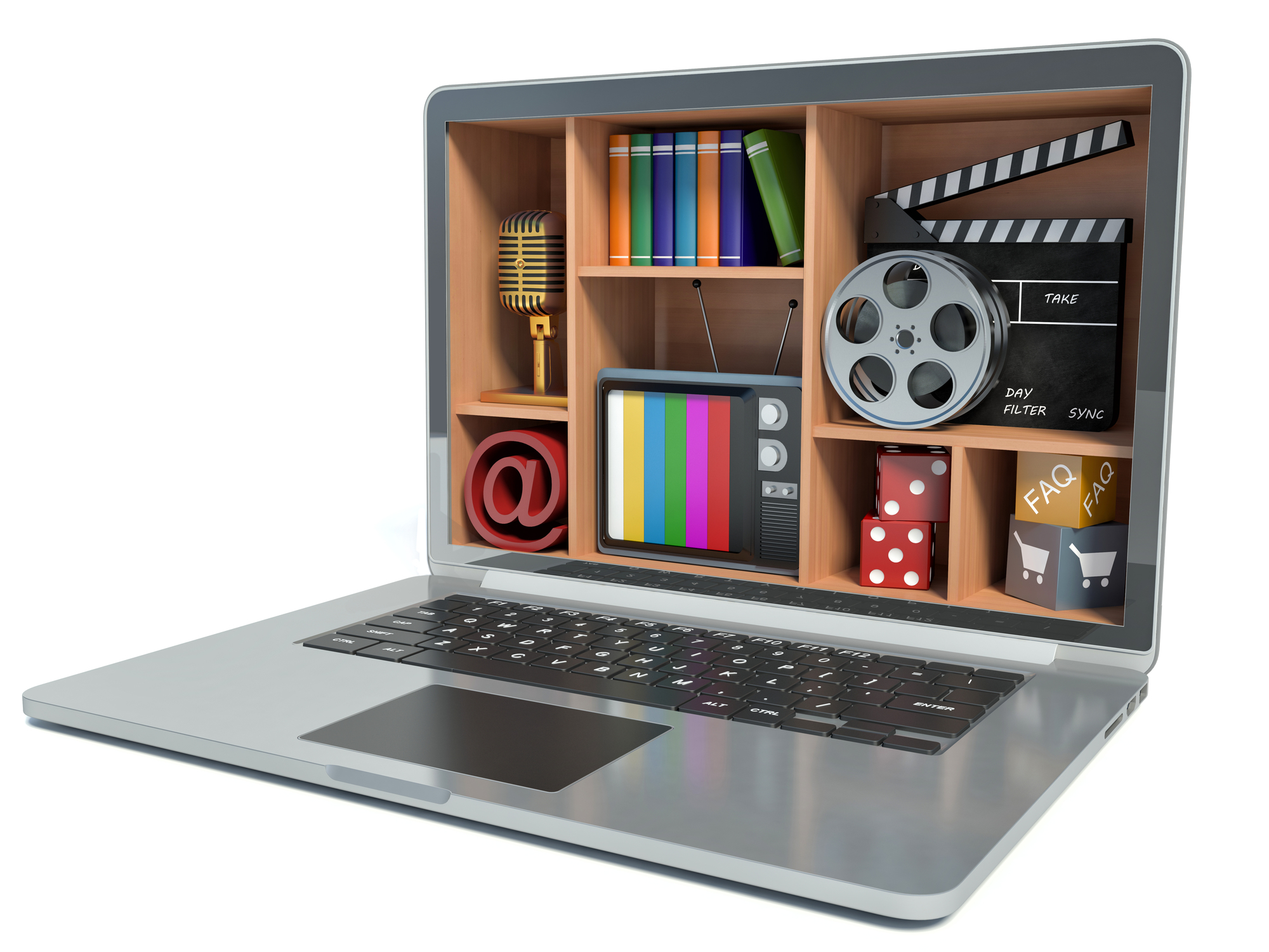 Bærbar PC med mange ulike, små inndelinger på skjermen med mikrofon, bøker, filmrull, TV, terninger og terninger med handlevogn-symbol og bokstavene F A Q. Illustrasjon.