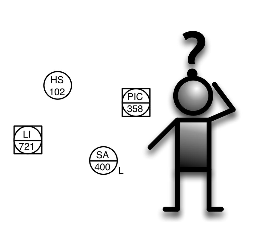 Strekmann klør seg i hodet over mange P&ID-symboler. Illustrasjon.