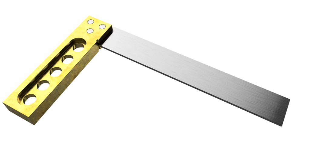 Metallverktøy med en rett vinkel. Det kortere beinet er gullfarga og har fem hull langs midten. Illustrasjon.