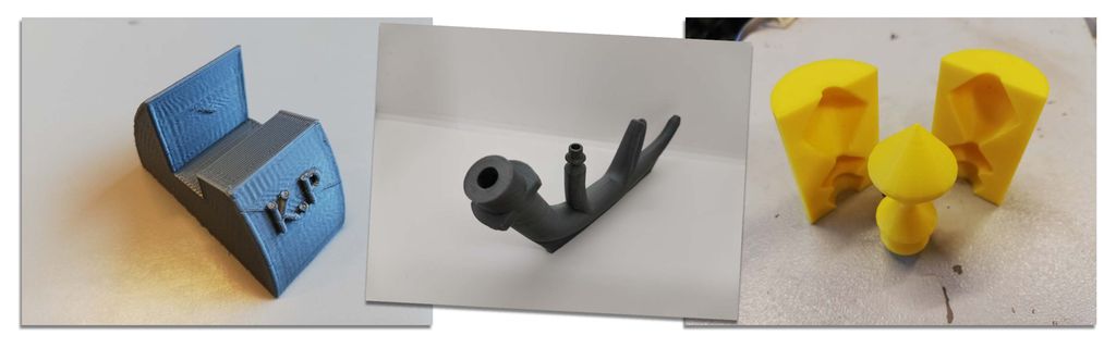Kollasj av 3D-printa deler. En mobilholder, en snøkanon og et endestykke til ei gardinstang. Foto.