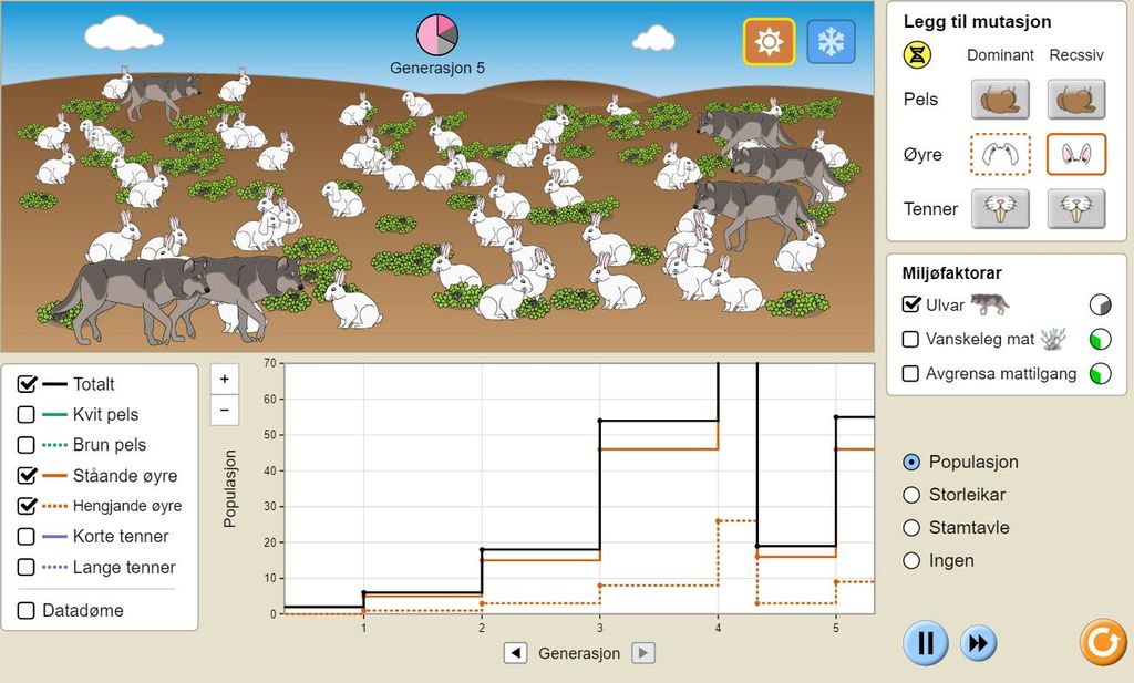 Kaniner og ulver. Grafer som viser hvordan dine valg påvirker populasjonsutviklingen. Illustrasjon.