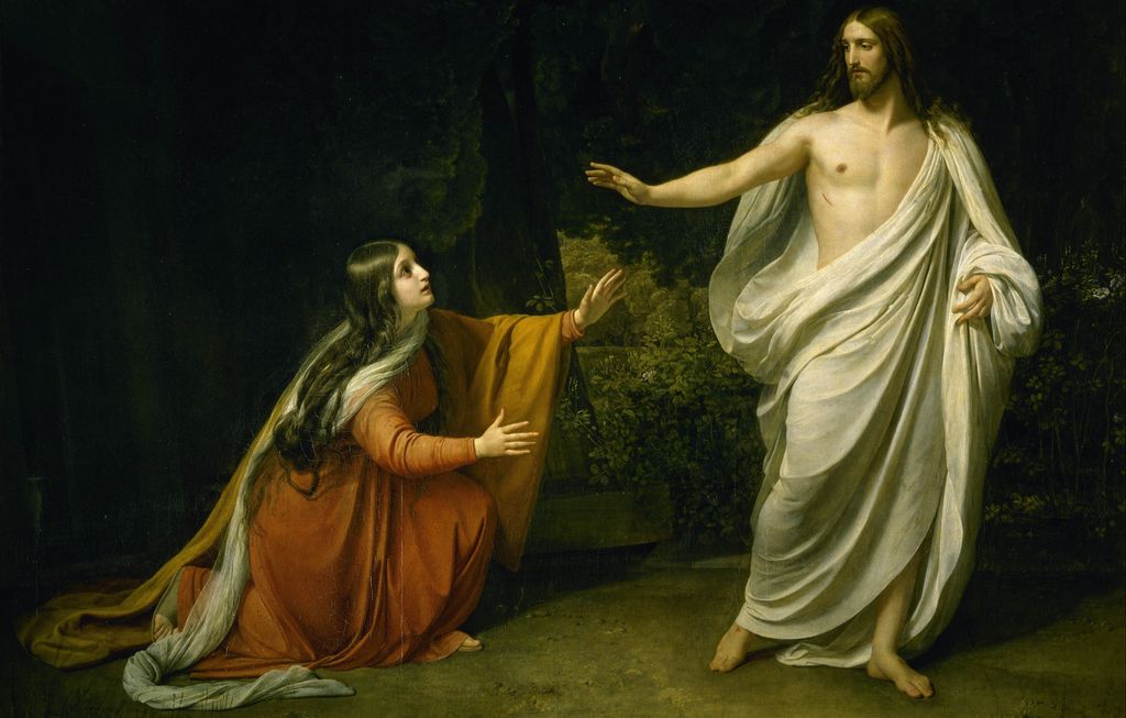 Kvinne i rødlig kjole og langt, mørkt hår kneler foran mann med langt hår og skjegg iført hvit kjortel. Maleri.