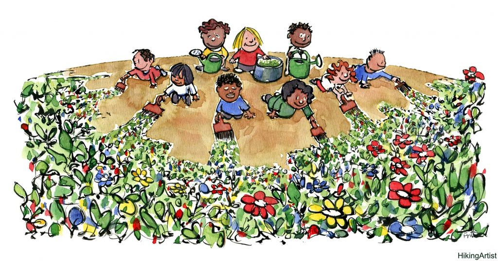 Barn maler jordoverflaten med maling med blomstermønster. Illustrasjon.