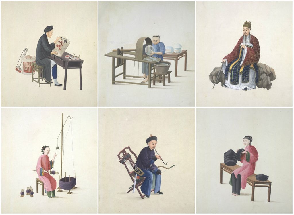 Seks ulike personer fra Kina på 1800-tallet. Kollasj. Maleri.