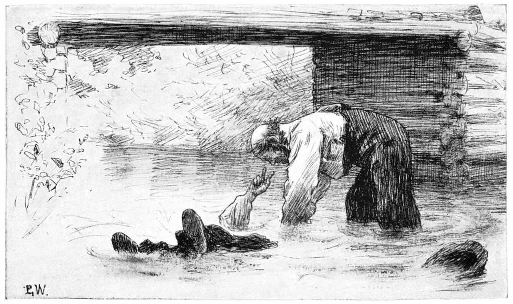 Kjerringa mot strømmen ligger i vannet. Illustrasjon.