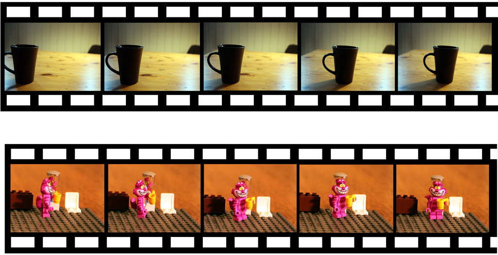 Biletet viser to filmstriper med fem bilete i kvar. Den første har bilete av ein svart kaffekopp på eit trebord som flyttar seg litt rute for rute. Den nedste har ein legofigur som flyttar seg rute for rute. Illustrasjon.