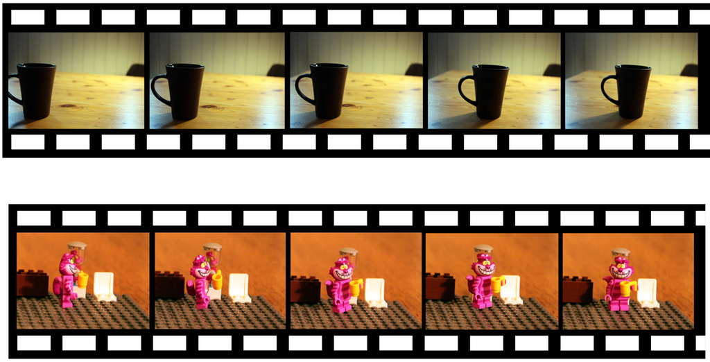 Bildet viser to filmstriper med fem bilder i hver. Den første har bilde av en sort kaffekopp på et trebord som flytter seg litt rute for rute. Den nederste har en legofigur som flytter seg rute for rute. Illustrasjon.