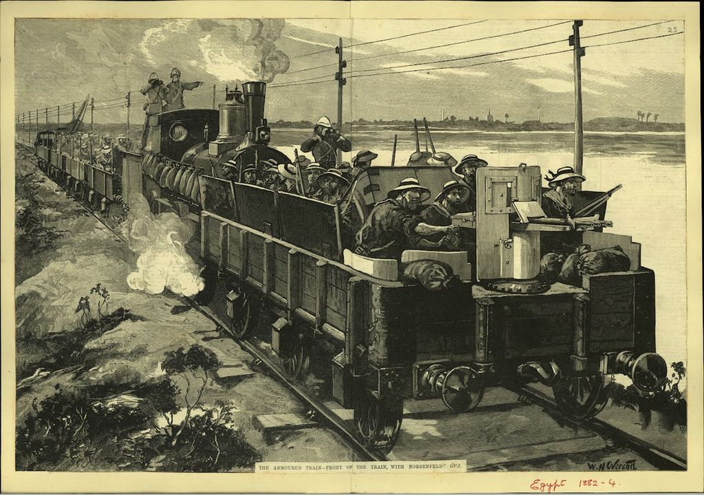 Illustrasjon av Britiske tropper på et damptog i Egypt i 1882.