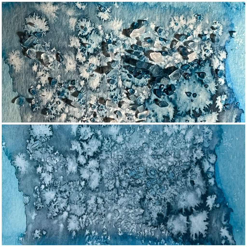 Detaljer fra akvarell som viser effekten av å bruke salt. Foto.