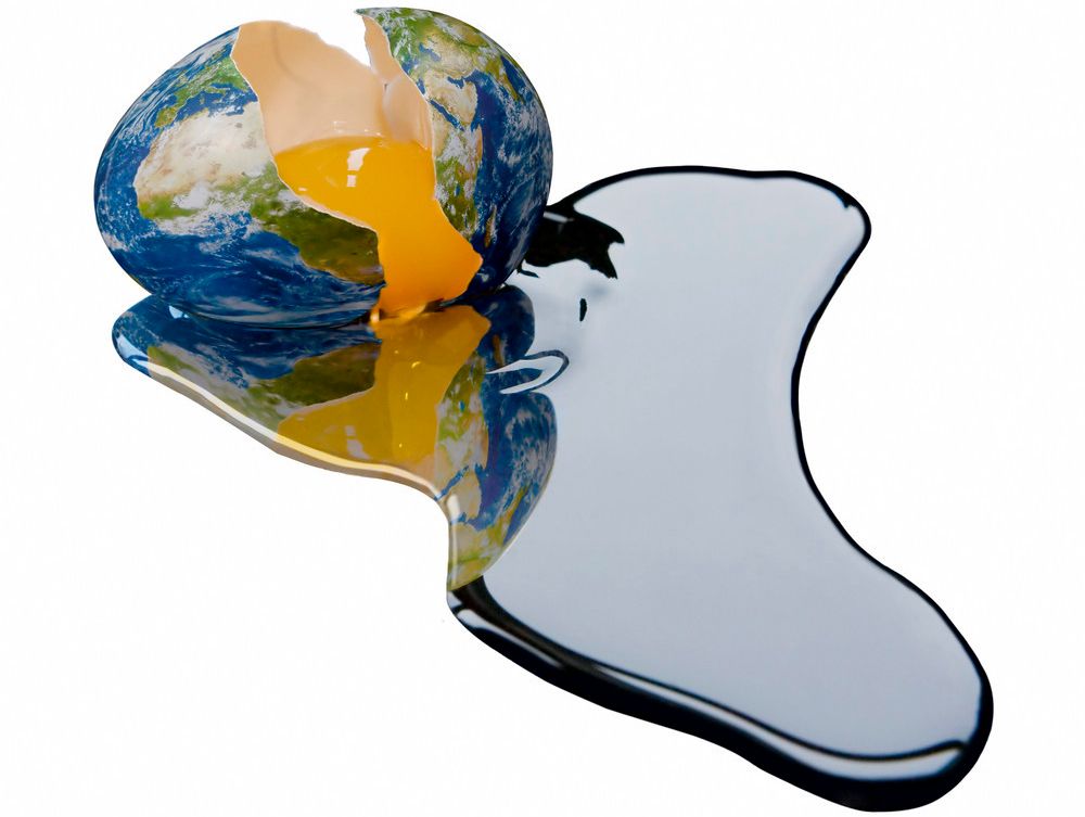 Et knust egg malt som jorden. Illustrasjon.