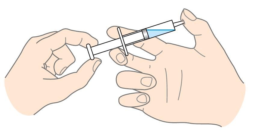 Hender holder en sprøyte. Grafikk.