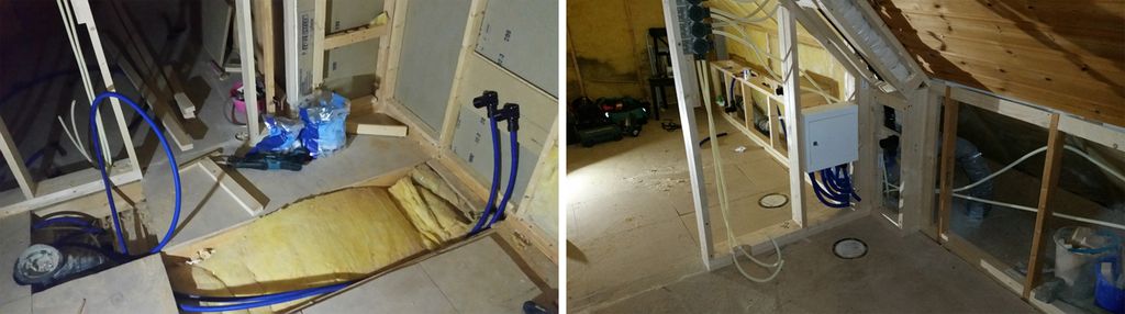 Rør-i-rør-anlegg på uferdig baderom. Isolasjon, rør og plater rundt omkring. Fotomontasje.