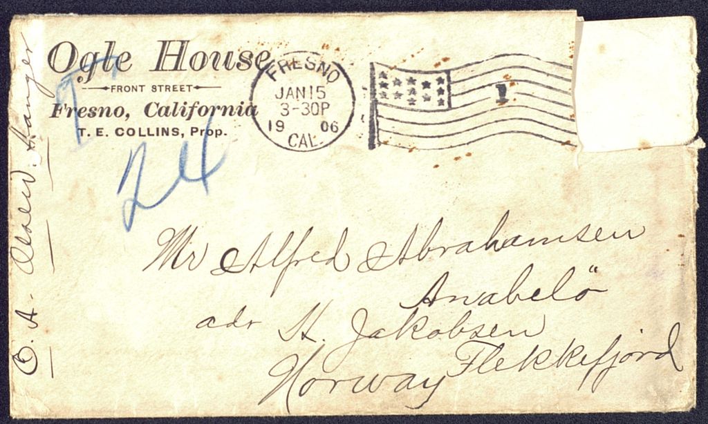 Gammel konvolutt med navn og adresse. Faksimile.