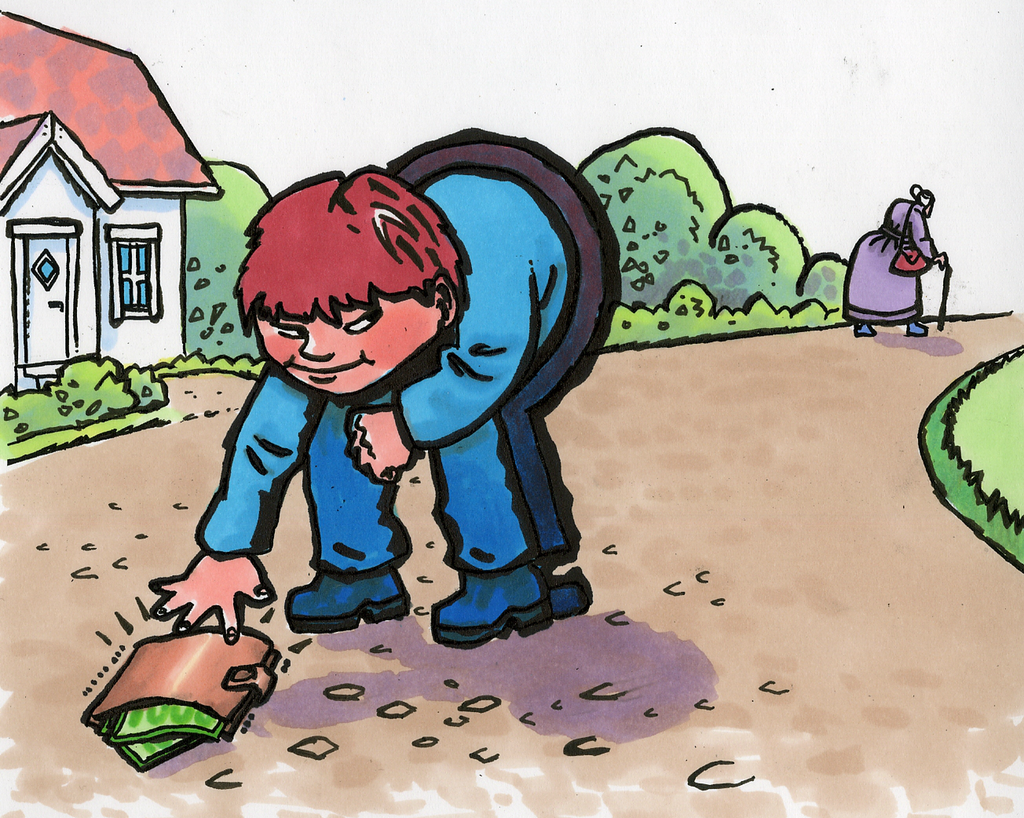 En gutt tar opp en lommebok med pengesedler som ligger på en vei. En gammel dame i bakgrunnen går bort fra stedet. Gutten har blikket mot damen og har et lurt eller slemt ansiktsuttrykk. Illustrasjon.
