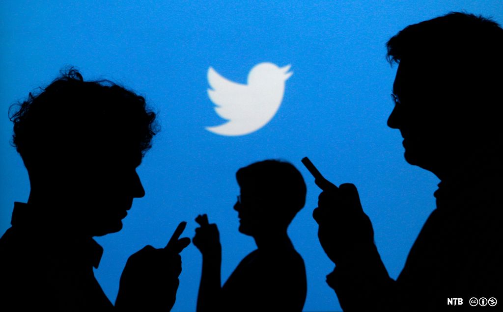 Tre personer i silhuett som ser på mobilen. Blå bakgrunn med hvit Twitter-logo. Foto.