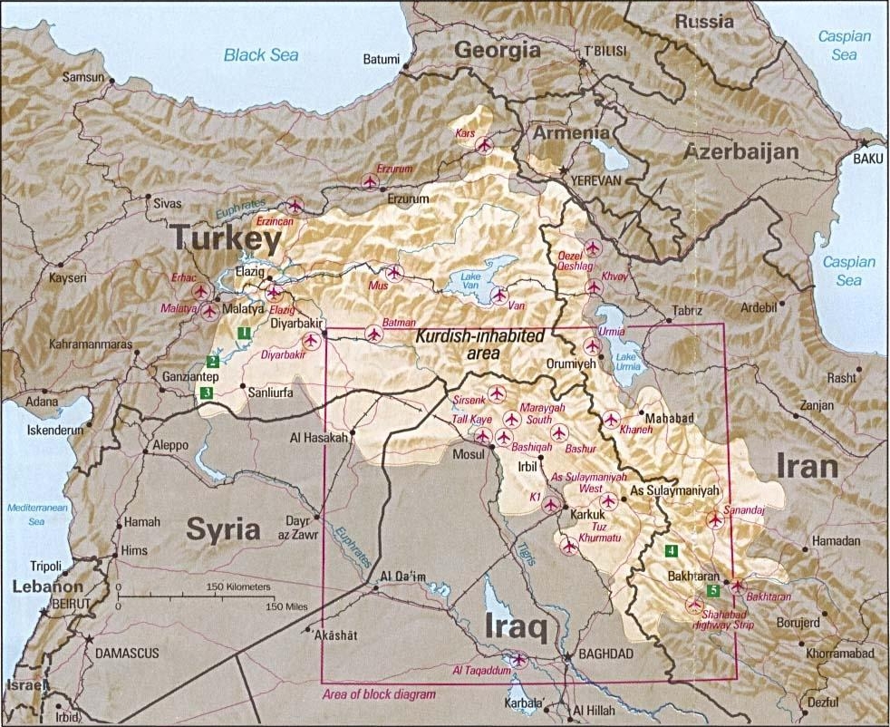 Kart som viser kurdiske busetjingsområde i Tyrkia, Syria, Irak, Armenia og Iran. Kart. 