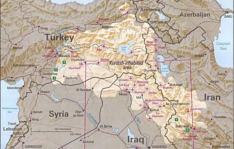 Kart som viser kurdiske busetjingsområde i Tyrkia, Syria, Irak, Armenia og Iran. Kart.