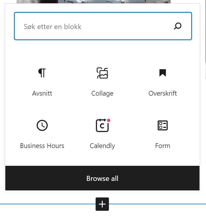 Dialogboks i Wordpress. Søkefelt øverst og seks ikoner med tekst som «avsnitt», «collage» og «form». Nederst er det en knapp med teksten «browse all». Skjermbilde. 