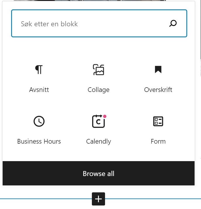 Dialogboks i Wordpress. Søkefelt øverst og seks ikoner med tekst som «avsnitt», «collage» og «form». Nederst er det en knapp med teksten «browse all». Skjermbilde.