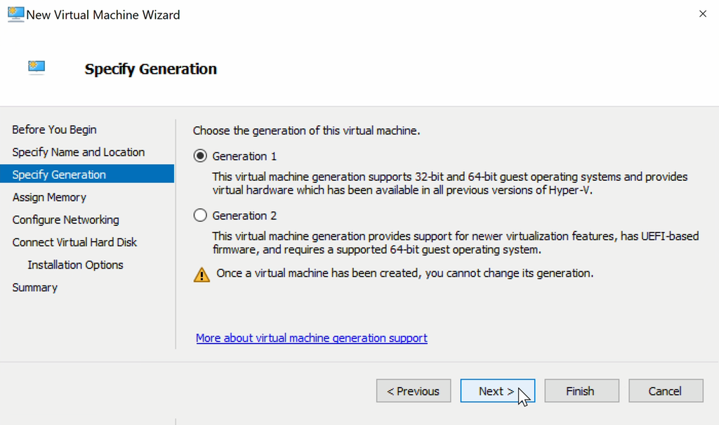 Skjermvinduet viser et steg i veiledningen hvor det er to valg: Generation 1 eller Generation 2. Generation 1 er valgt, og musepekeren er over Next-knappen. Skjermbilde.