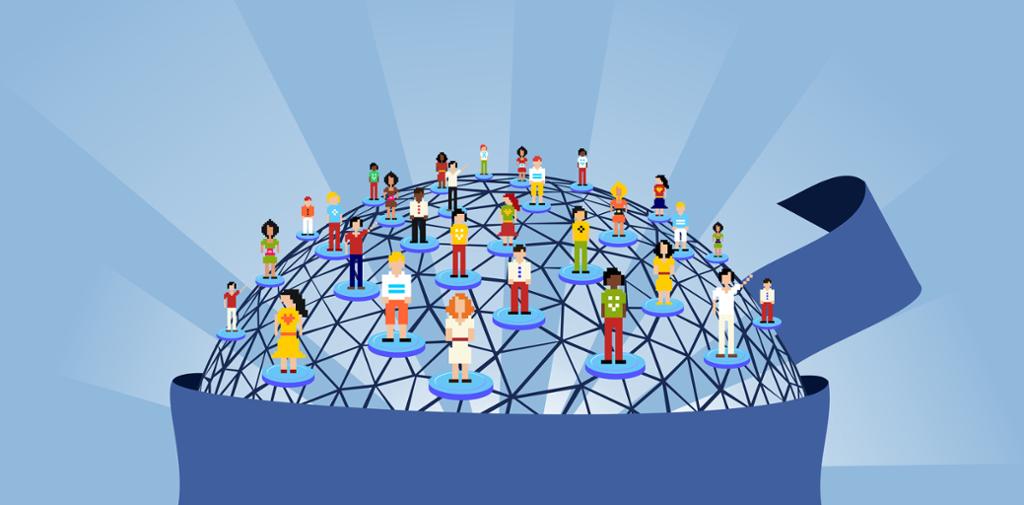 Jordkloden med menneske av ulik etnisitet som er spreidde over heile kloden. Personane står på kvar sin blå sirkel og er plasserte slik at dei dekker alle delar av jordkloden som er synlege i illustrasjonen. Illustrasjon. 