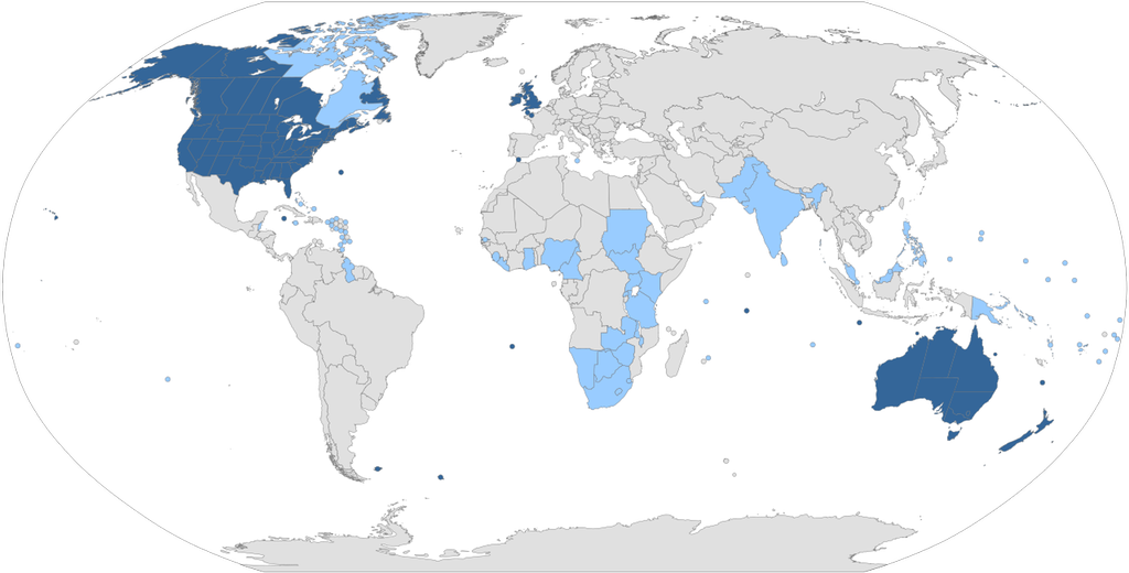 A world map showing the distribution of English speaking countries around the world.