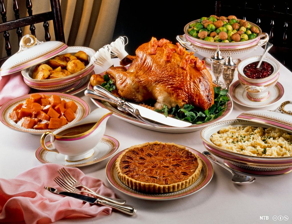 Traditional Thanksgiving dinner (USA). We see turkey, pie, and side-dishes. Photo.
