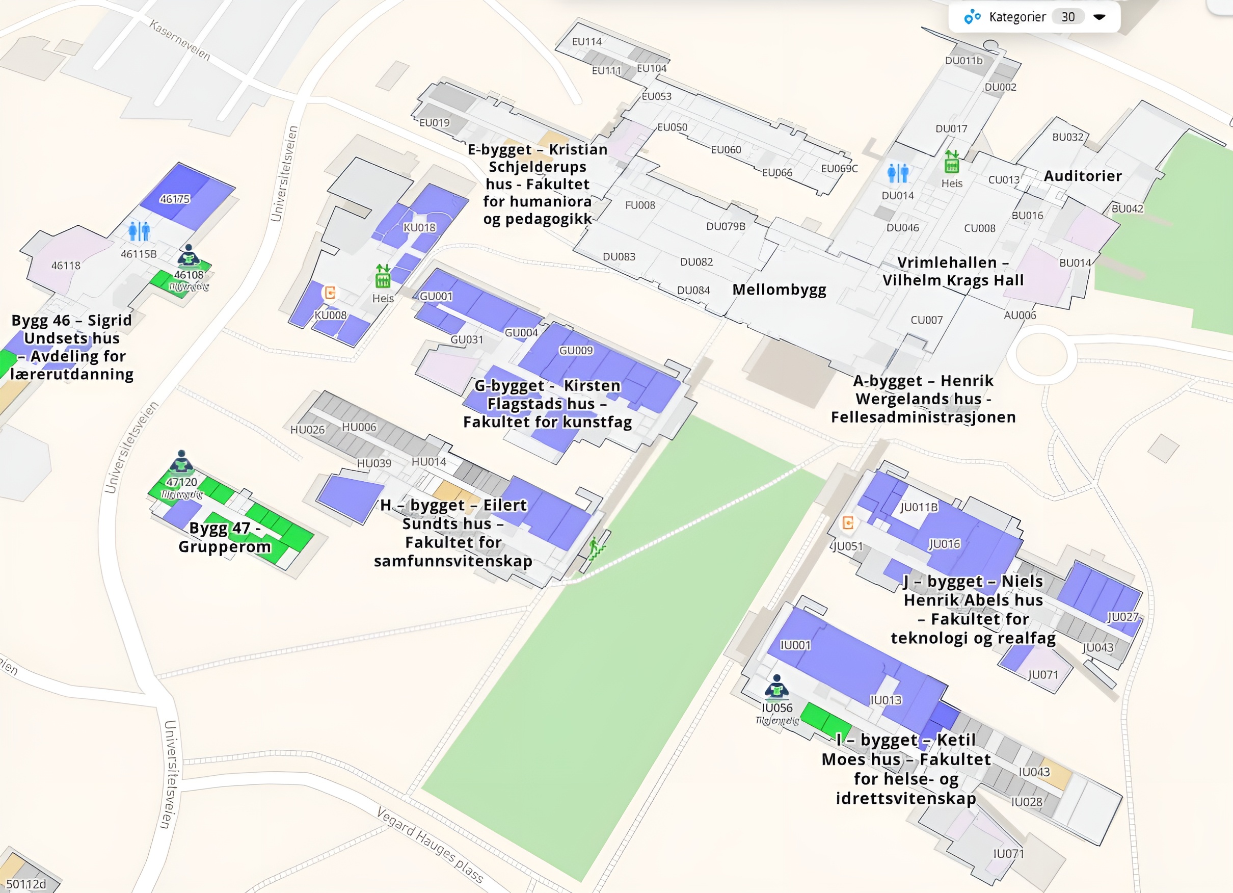 Kart over Universitetet i Agder. Kartet viser veier, bygninger og andre geografiske elementer som er merket med bokstaver og tall. Skjermbilde.