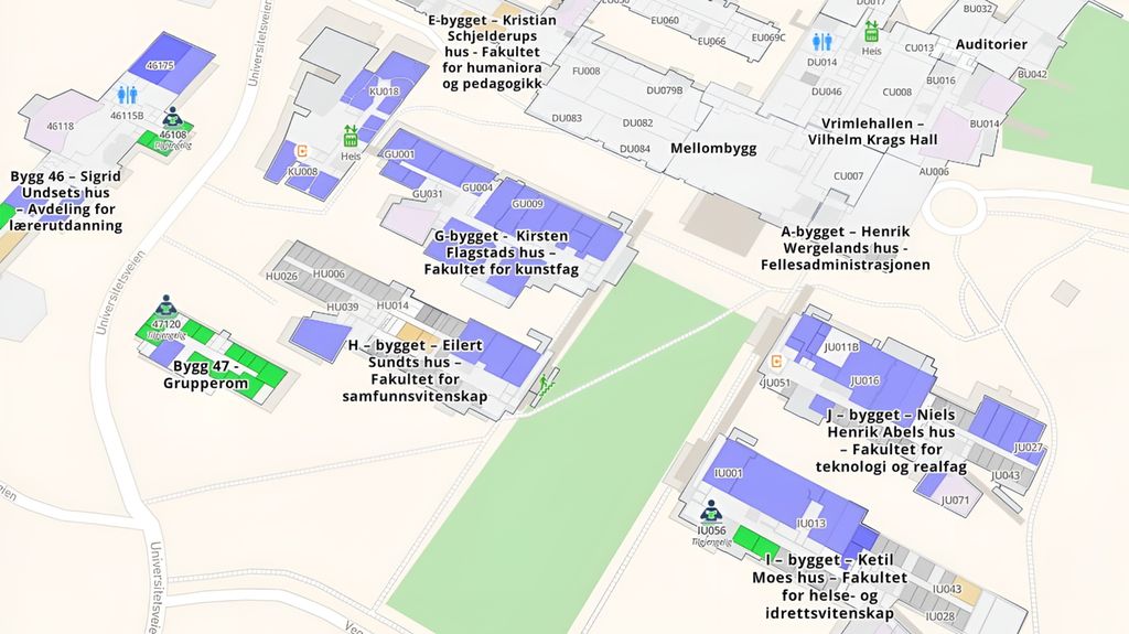 Kart over Universitetet i Agder. Kartet viser vegar, bygningar og andre geografiske element som er merka med bokstavar og tal. Skjermbilete.