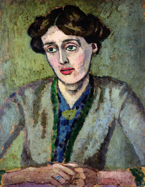 Painting: Portrait of a Virginia Woolf. She is a dark haired woman with large eyes. 