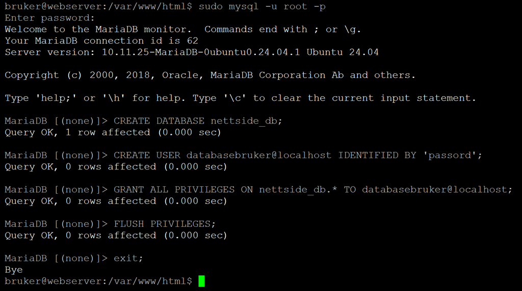 Linjer med kommandoer som gjør databasen klar for WordPress. Skjermbilde.