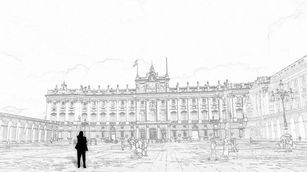 Eksempel på bildeutsnittet ultratotal: silhuettfigur på en stor plass foran et slott. På plassen er det også andre mennesker. Illustrasjon.