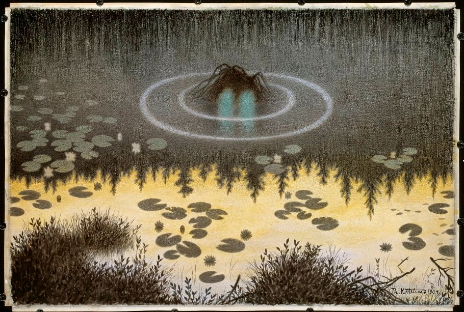 Et hode med hår og øyne stikker opp av et tjern. Maleri.