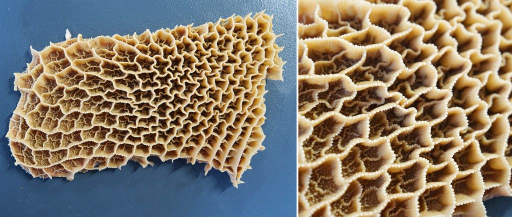 Kollasj av to bilder som viser innsida av nettmagen. Den er lysebrun og delt inn i et fint nettmønster. Foto.