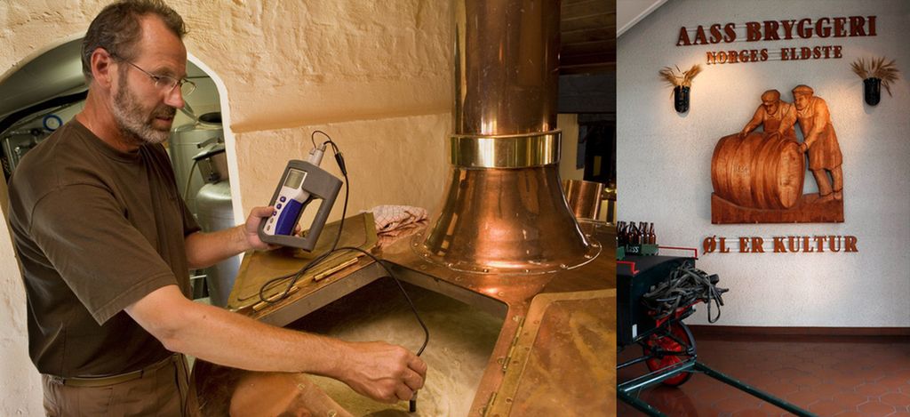 Mann måler væske i tank ved mesking av øl og utsnitt fra Aass bryggeri med teksten "øl er kultur". Bilderekke.