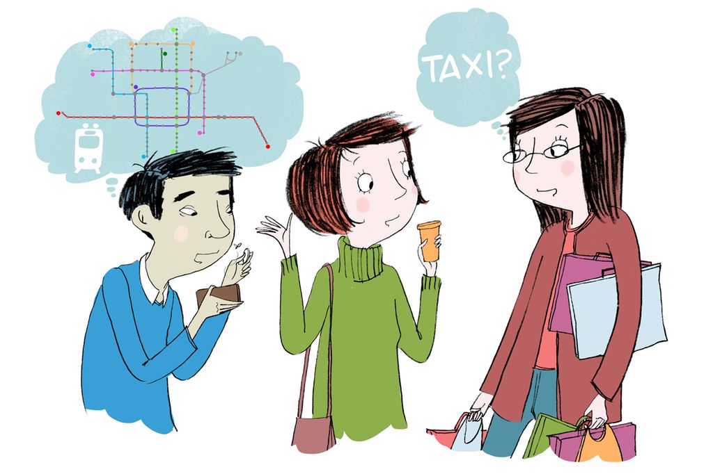 To vestlige kvinner og en kinesisk mann snakker sammen om å ta en taxi. Illustrasjon.