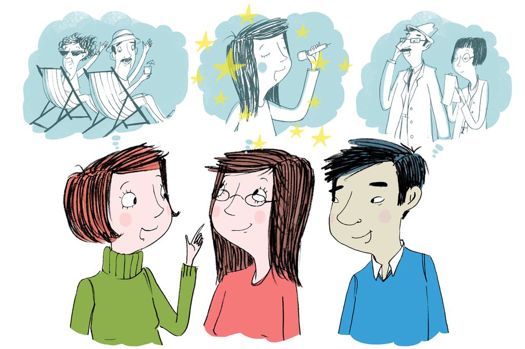 To vestlige kvinner og en kinesisk mann snakker sammen om yrker. Illustrasjon.