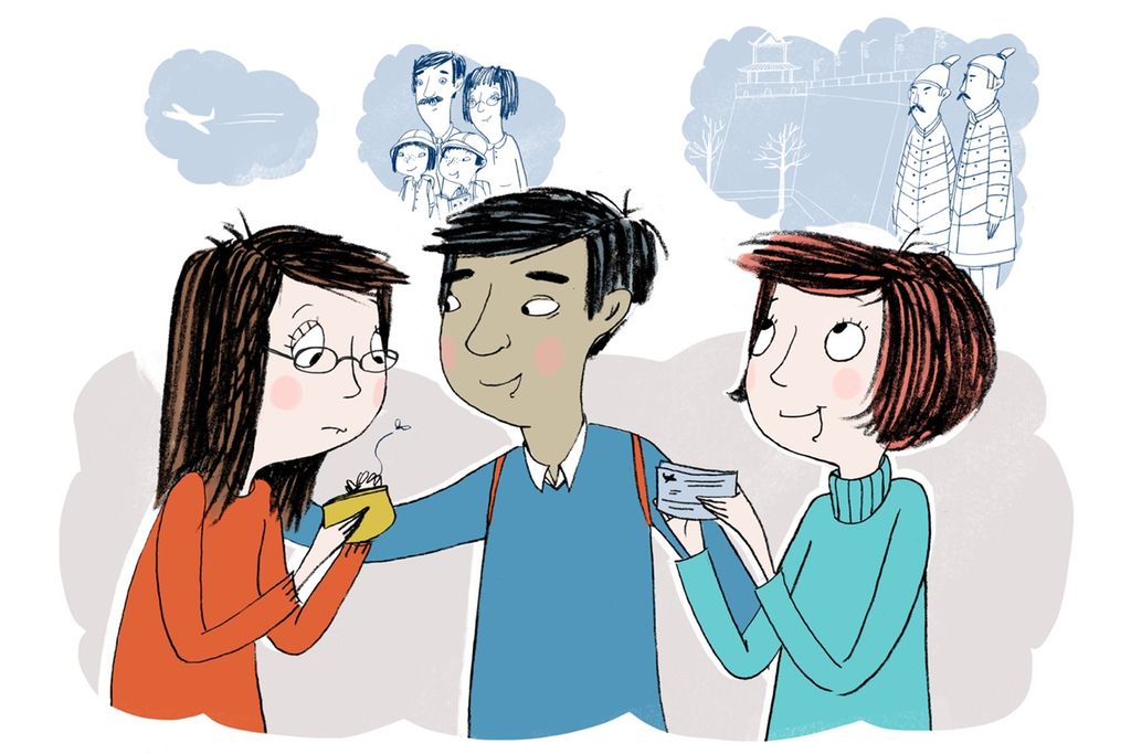 To kvinner og en mann snakker sammen. Den ene kvinnen ser trist ned på ei tom lommebok, og mannen holder ei hånd på skulderen hennes. Den andre kvinnen holder et par flybilletter. Tre skyer er tegnet over dem. Skyene inneholder henholdsvis et fly, en familie med foreldre og to barn og to kinesiske soldater med den kinesiske mur i bakgrunnen. Illustrasjon.