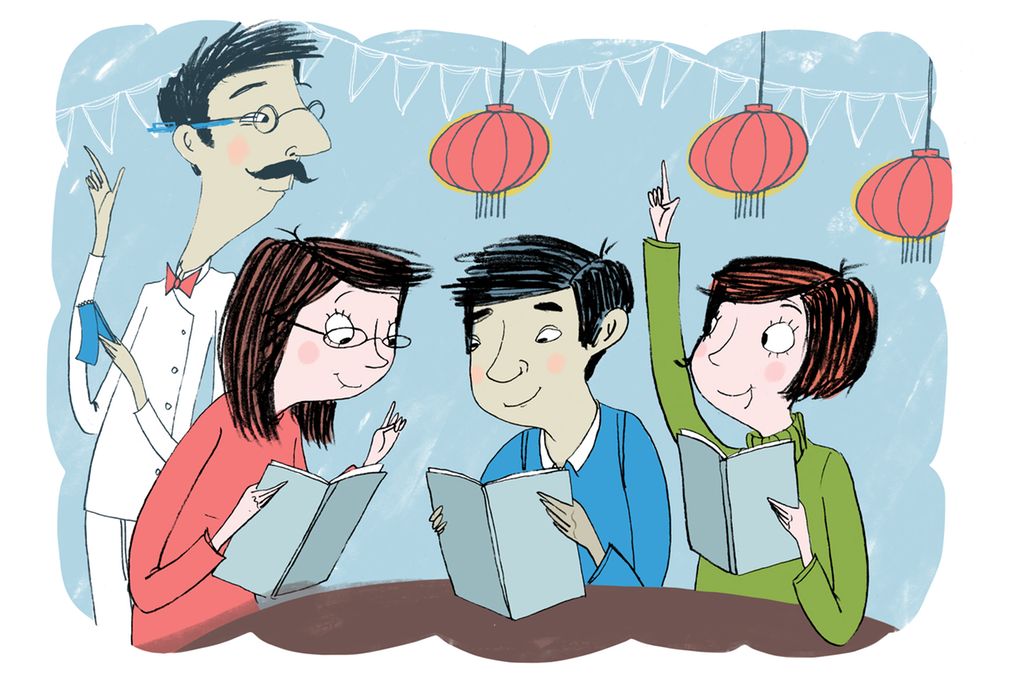 To vestlige kvinner og en kinesisk mann er på restaurant. Illustrasjon.