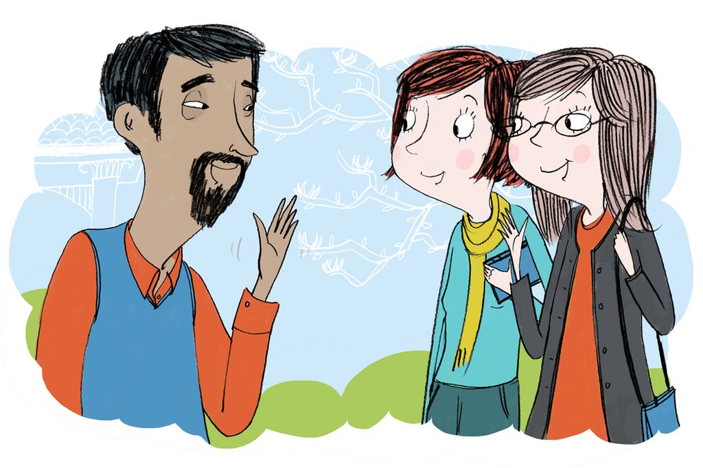 To vestlige kvinner og en kinesisk mann snakker sammen om å reise på ferie. Illustrasjon.