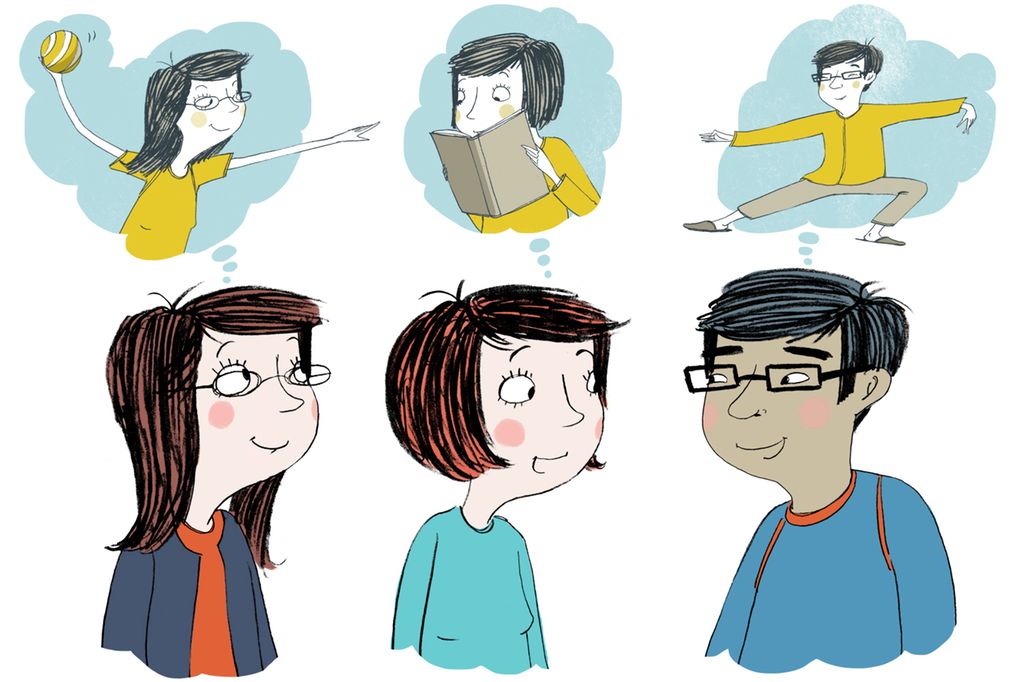 To vestlige kvinner og en kinesisk mann snakker sammen om hobbyer. Illustrasjon.